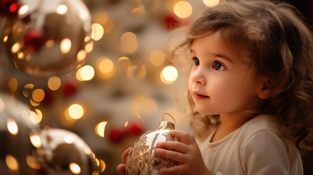 Una ragazzina che tiene un ornamento di Natale ai