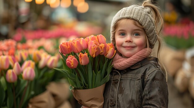 una ragazzina con dei tulipani