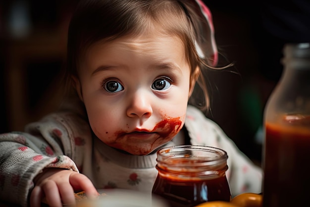 Una ragazzina con del cibo sulla faccia.