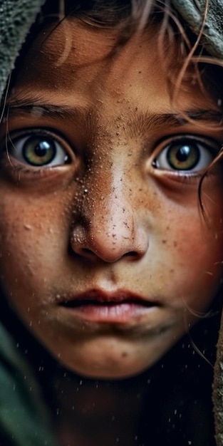 una ragazzina con gli occhi verdi e un'immagine marrone e bianca di un viso con gocce d'acqua su di esso.