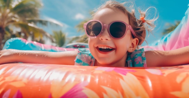 Una ragazzina con gli occhiali da sole che si riposa su un galleggiante gonfiabile colorato in piscina in un giorno d'estate
