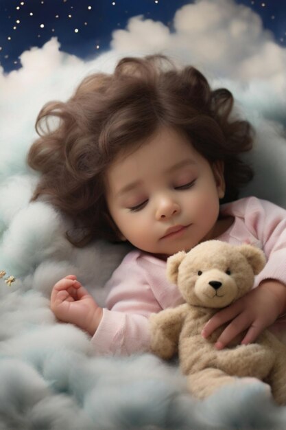 una ragazzina con i capelli castani sta dormendo con un orsacchiotto