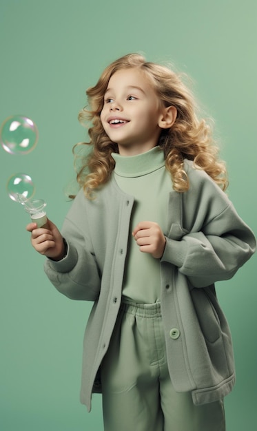 una ragazzina con i capelli ricci e un cappotto verde sta sorridendo e tenendo delle bolle.