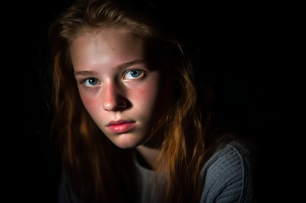 Una ragazzina con i capelli rossi e gli occhi blu.