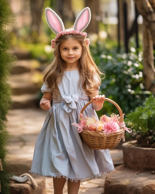 una ragazzina con le orecchie di coniglietto di Pasqua
