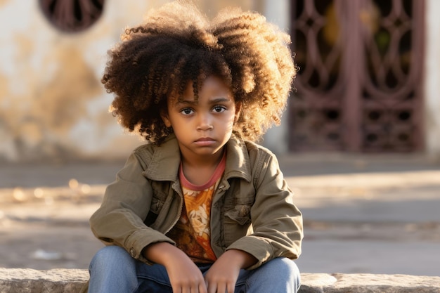 una ragazzina con un afro seduta su un marciapiede