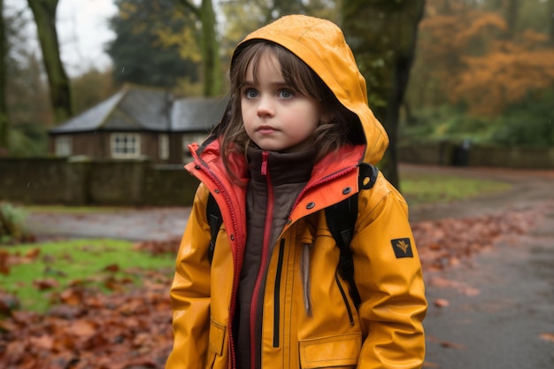 una ragazzina con un impermeabile giallo in piedi sotto la pioggia