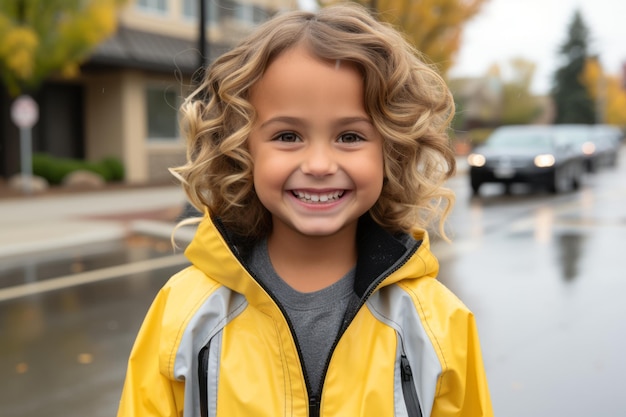 una ragazzina con un impermeabile giallo sorride alla telecamera