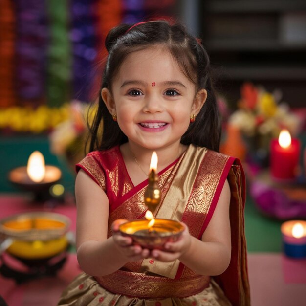 una ragazzina con un sari d'oro tiene una candela con un felice diwali