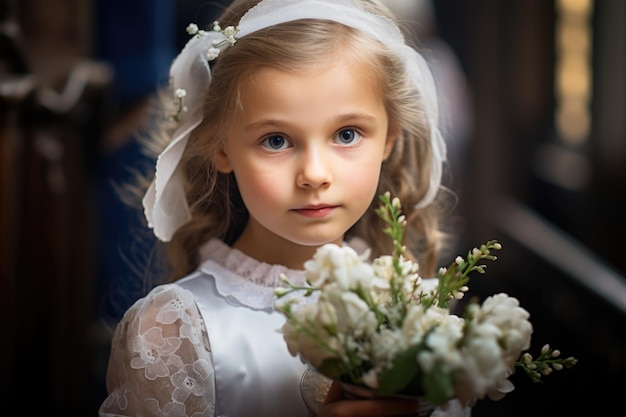 Una ragazzina con un vestito bianco che tiene un bouquet di fiori