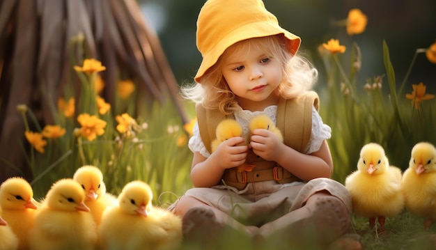 una ragazzina con un vestito giallo è seduta sull'erba con dei polli gialli