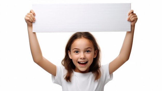 una ragazzina con una carta bianca in bianco