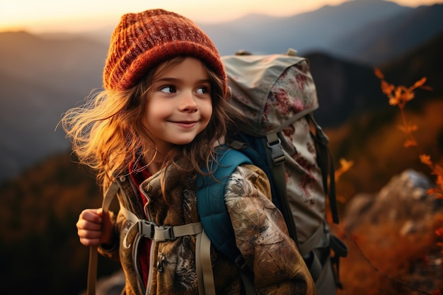 una ragazzina con uno zaino che fa un'escursione in cima alla montagna al tramonto concetto di viaggio e avventura