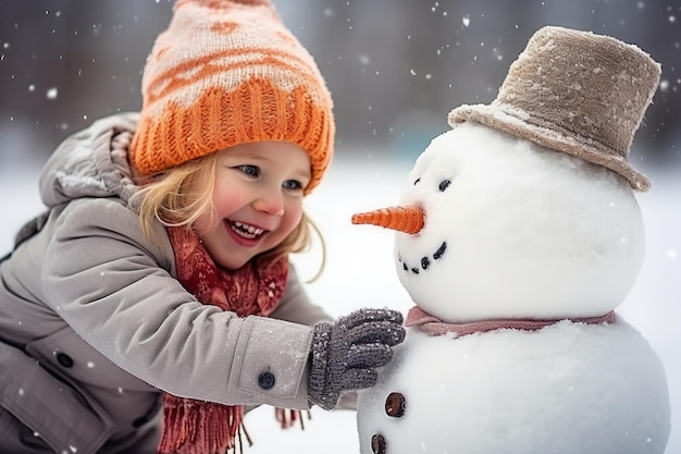 Una ragazzina costruisce un pupazzo di neve con il naso di carota e gli occhi di carbone