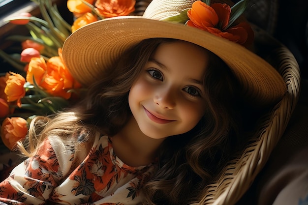 Una ragazzina deliziata con tulipani vibranti e raggiante di gioia e felicità