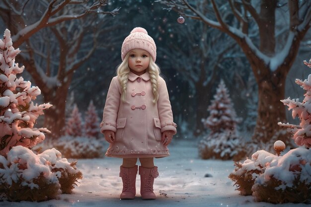 una ragazzina è in piedi nella neve con un cappello rosa