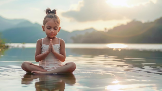 Una ragazzina è seduta in acqua a pregare