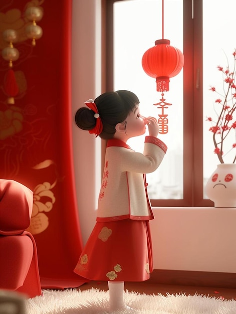 una ragazzina in piedi davanti a una finestra con una lanterna rossa