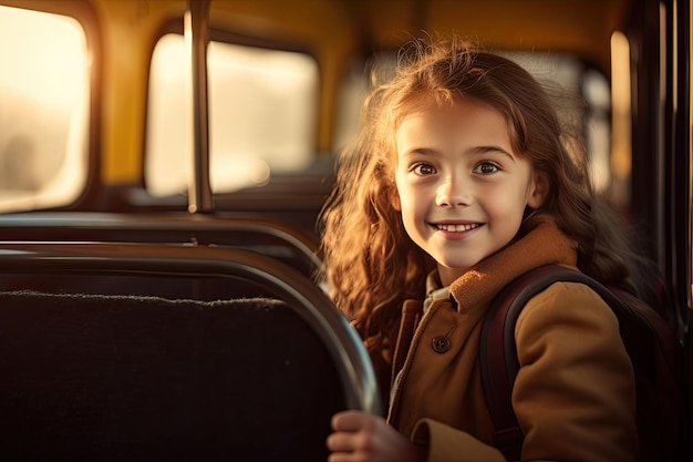 una ragazzina in piedi in un autobus scolastico