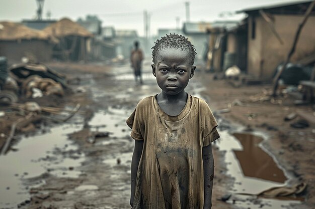 una ragazzina in piedi in una strada fangosa in piedi