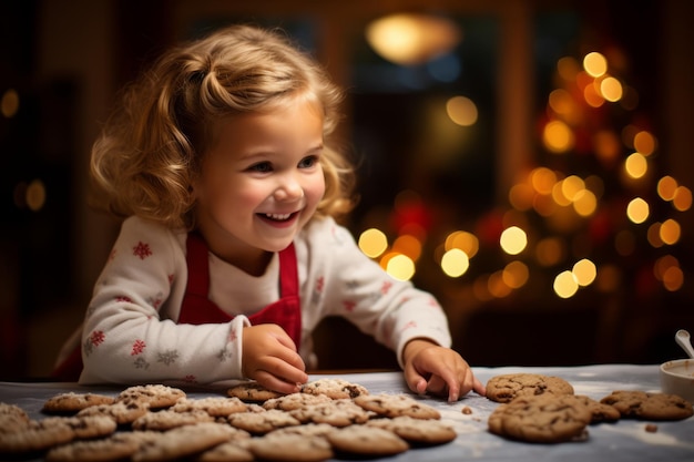 Una ragazzina in pigiama di Natale arrangiando attentamente i biscotti fatti in casa su un piatto per Babbo Natale