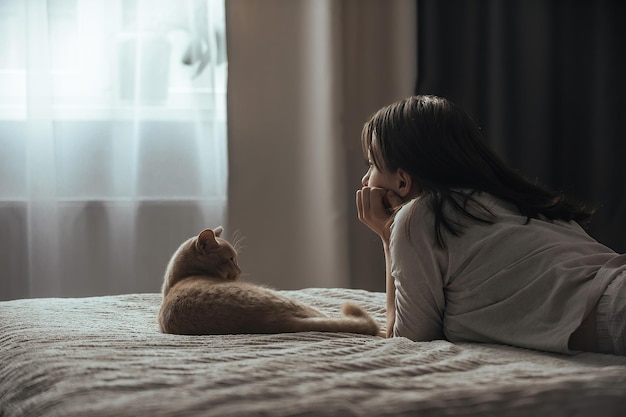 una ragazzina in pigiama giace sul letto vicino alla finestra accanto al suo gatto domestico