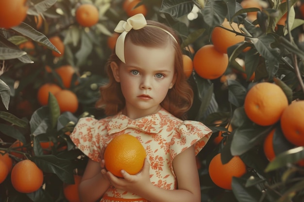 Una ragazzina in un frutteto di arance tiene un'arancia nelle mani