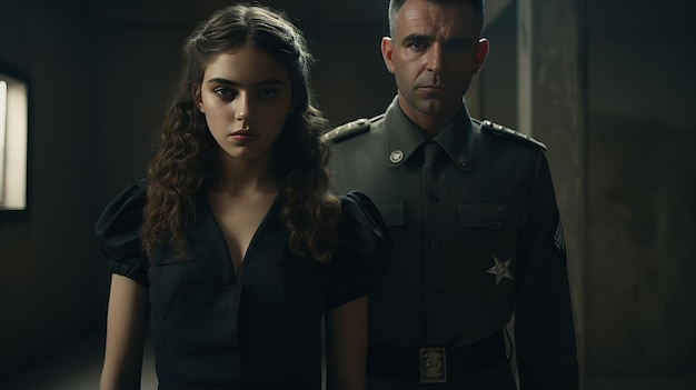 Una ragazzina israeliana guarda nella telecamera mentre suo padre in uniforme militare sta dietro di lei