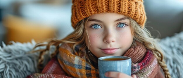 Una ragazzina malata che indossa un cappello a scacchi si siede da sola su un divano a sorseggiare tè caldo