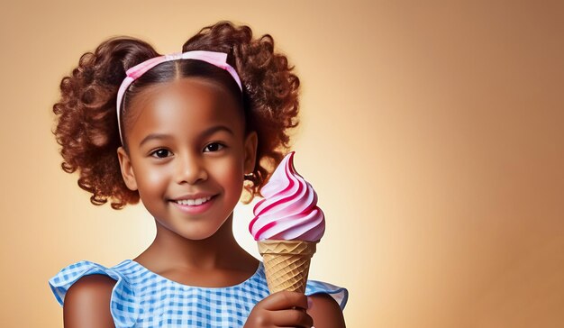 Una ragazzina nera felice tiene in mano un cono gelato alla fragola e un banner in primo piano