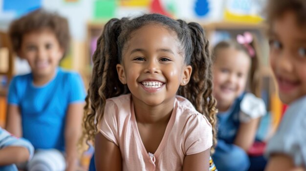 Una ragazzina radiosa con un sorriso gioioso si siede con gli amici in una classe colorata che trasuda felicità e amicizia