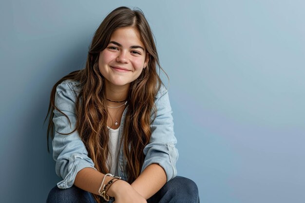 Una ragazzina seduta sul pavimento con le braccia incrociate e un sorriso sul viso