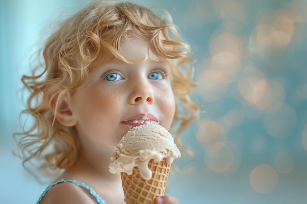 Una ragazzina si gode felicemente un cono di gelato dolce tenendolo con entrambe le mani mentre prende un boccone