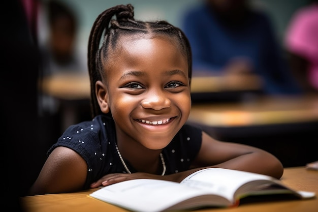 Una ragazzina sorride mentre legge un libro in classe creato con l'AI generativa