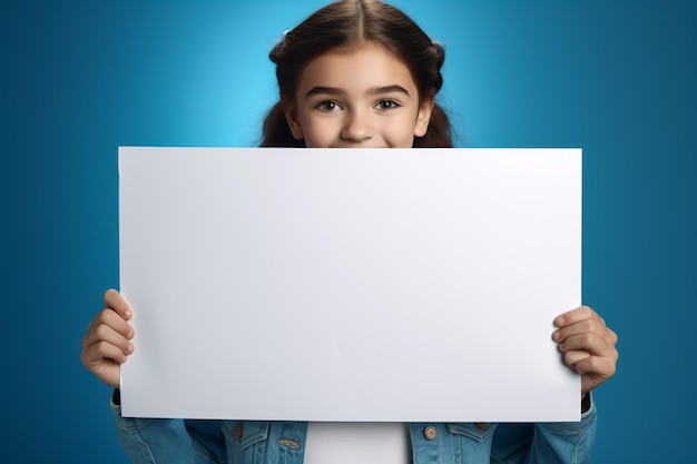 Una ragazzina sorridente ed emotiva nel parco con un poster bianco