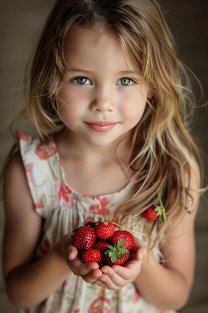 Una ragazzina sorridente tiene delle fragole mature nelle mani.