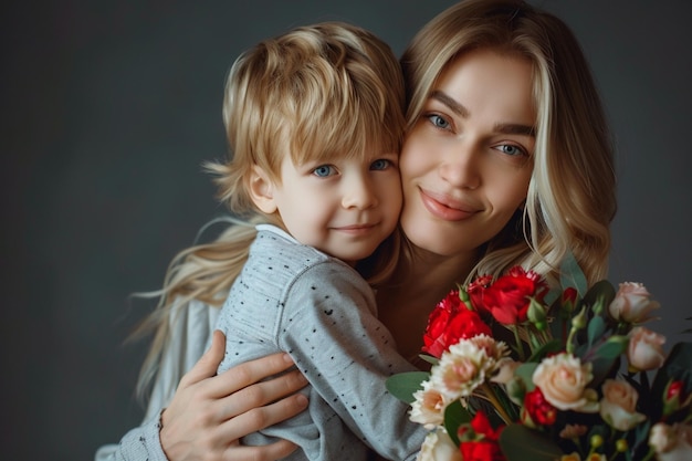 una ragazzina sta abbracciando sua madre e tiene un bouquet di fiori