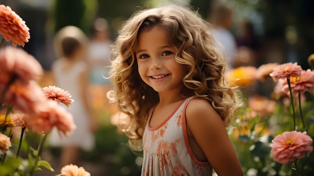 Una ragazzina un vivace giardino di fiori fioriti colorati vestiti in un abito estivo