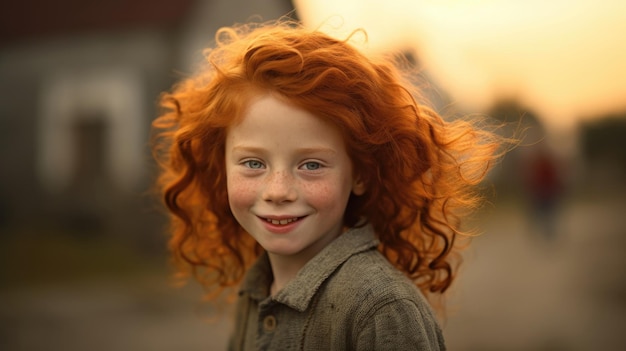 Una raggiante ragazza dai capelli rossi si trova in mezzo a un tramonto dorato, il suo sorriso rispecchia il calore del cielo serale generato dall'intelligenza artificiale