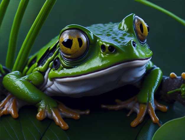 una rana 3d nella giungla con grandi occhi creati con l'intelligenza artificiale