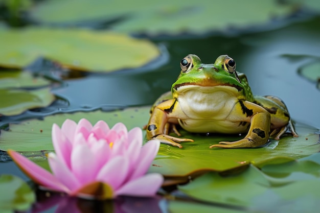 Una rana che fa una postura divertente su un fiore di giglio