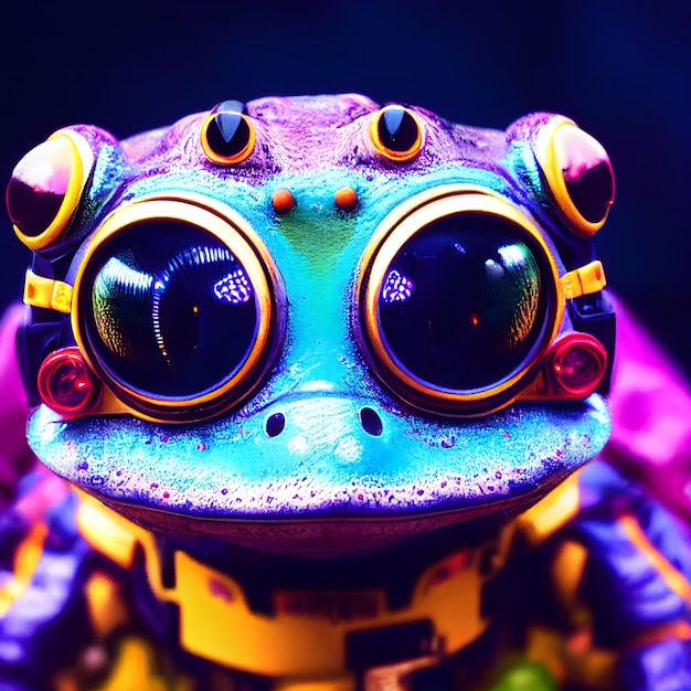 Una rana colorata con grandi occhi è seduta su uno sfondo scuro.