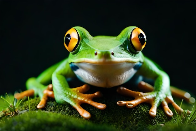 Una rana con gli occhi arancioni e gialli si siede su una superficie verde.