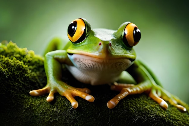 Una rana con gli occhi arancioni e gialli si siede su uno sfondo verde.