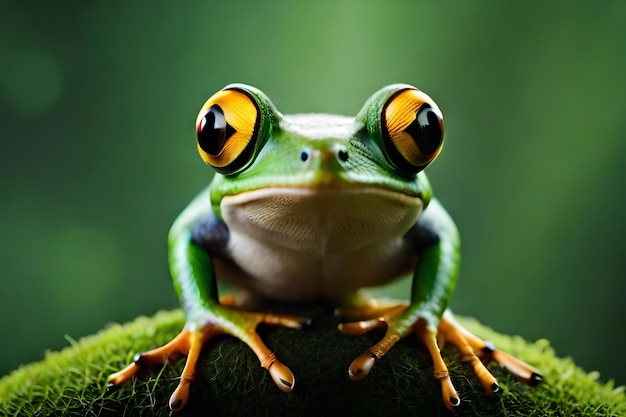Una rana con gli occhi arancioni e gli occhi gialli