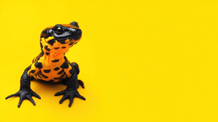 Foto una rana con gli occhi arancioni su uno sfondo giallo