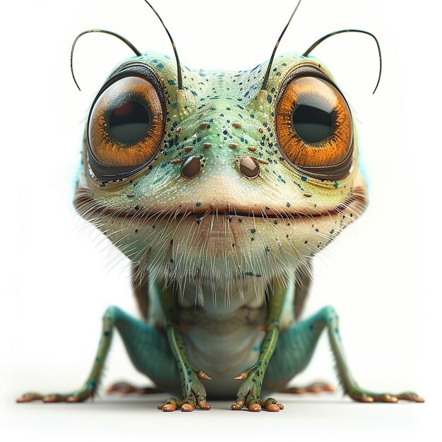 una rana con gli occhi di un insetto e un insetto sulla testa