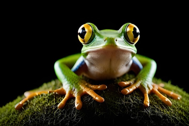Una rana con gli occhi gialli si siede su una superficie muschiosa.