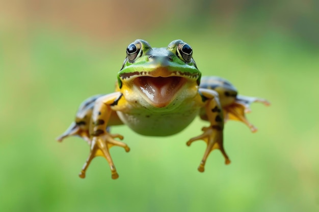 Una rana con un'espressione umoristica a metà salto