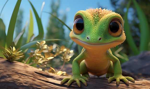 una rana con una testa gialla e una faccia verde è seduta su un tronco